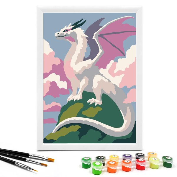 Nariolar Paint by Numbers for Kids Ages 4-8 with 7X9.5 inch Pre-Printed Cardboard,12 Acrylic Paint Pots and 3 Painting Brushes, Craft Gift Room Decor for Children,(White Dinosaur)