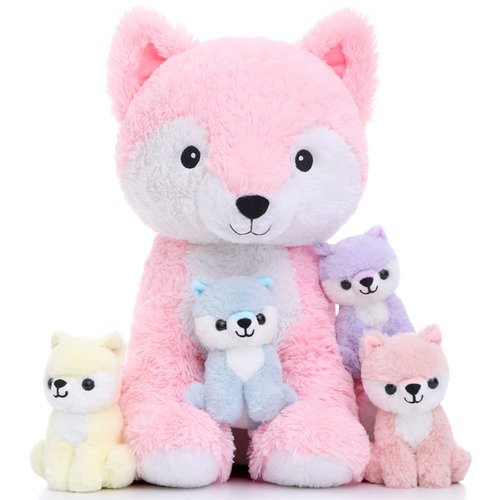 Muiteiur 5-Piece Mommy & Baby Fox Plush Set, Soft Stuffed Animals for Kids, 20-inch Pink, Birthday/Christmas/Valentine's Day Gift
