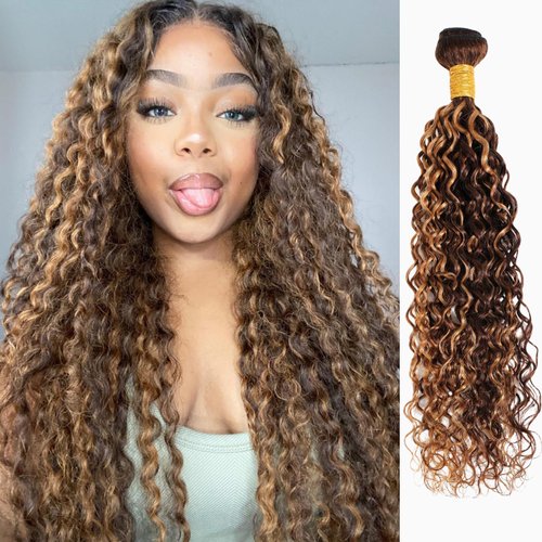 Water Wave Human Hair Bundles Ombre Honey Blonde Curly Bundles, Glossy & Shed-free P4/27 Highlighted Wet And Wavy Human Hair Bundles Weave Brown Piano Color 10A 100% Virgin Hair Single Bundle 16 Inch