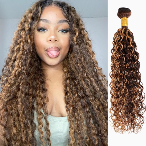 Water Wave Human Hair Bundles Ombre Honey Blonde Curly Bundles, Glossy & Shed-free P4/27 Highlighted Wet And Wavy Human Hair Bundles Weave Brown Piano Color 10A 100% Virgin Hair Single Bundle 16 Inch