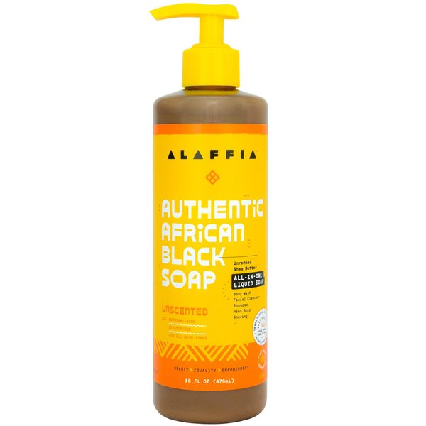 Alaffia Skin Care, Authentic African Black Soap, All in One Liquid Soap, Moisturizing Face Wash, Sensitive Skin Body Wash, Shampoo, Shaving Soap, Shea Butter, Unscented, 16 Fl Oz