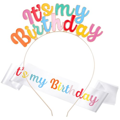 LLOUSSAK Birthday Girl Headband Set, Its My Birthday Sash, Rainbow Birthday sash and crown, Happy Birthday Headpiece for Women Girls Party Decorations (colorful)
