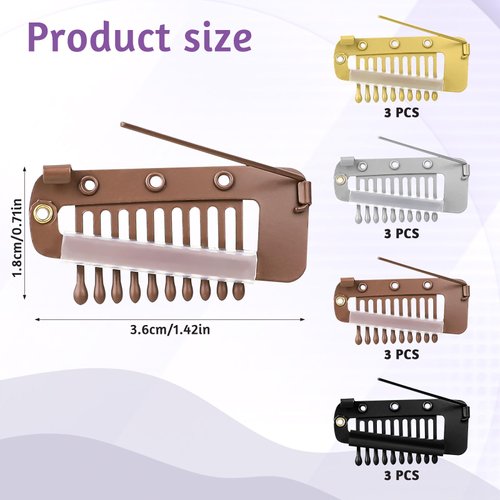 Wig Clips To Secure Wig No Sew, 12 Pcs 10-Teeth Chunni Clips, Wig Combs with Safety Pins Hair Extension Clips Styling Tools for Women Girls Wig Headscarf, 4 Colors (Gold, Silver, Brown, Black)