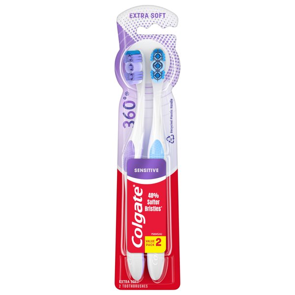 Colgate 360 Extra Soft Toothbrush for Sensitive Teeth and Gums with Tongue and Cheek Cleaner - 2 Count