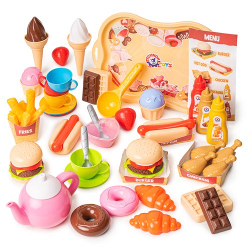 Pretend Play Kitchen Toys Cookware (79PCS) with Play Food Toy Set - Play Dishes Cookware Set - Play Food Set for Toddler Boys Girls 3+ Years - Hot Dog Ice Cream Burger