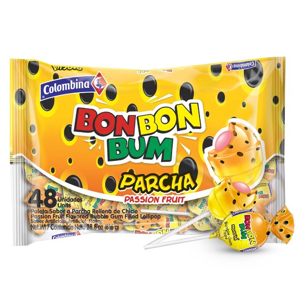 Colombina Bon Bon Bum Lollipops w/Bubble Gum Center - Individually Wrapped, Exotic Maracuya Suckers, Gluten-Free - Ideal for Party Favors, 28.8 oz bag, (48 count)