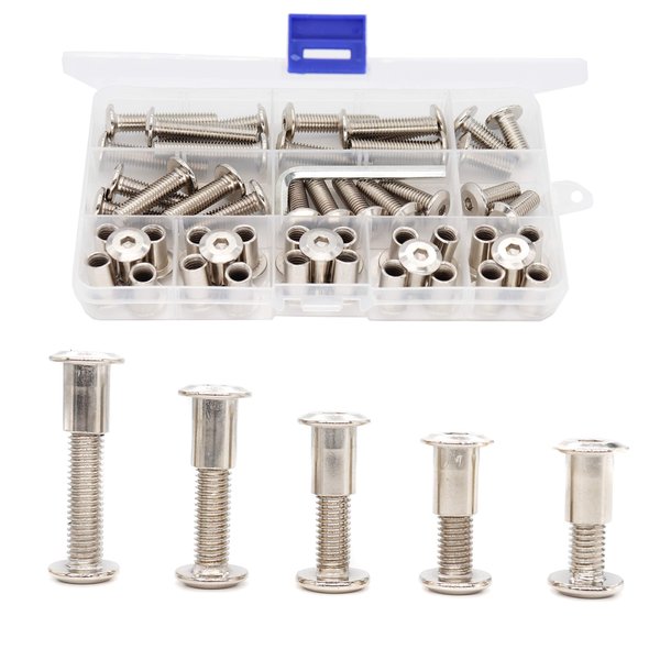 binifiMux 50pcs M8x20mm/25mm/30mm/35mm/40mm Rivet Countersunk Hex Socket Cap Bolts and Hex Head Barrel Nuts Assortment Kit for Furnitures Cribs Chairs, Nickel Plated