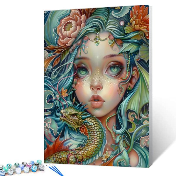 Forest Girl with Flowers Paint by Number for Adults Beginner,Animal Dragon and Woman DIY Oil Painting Kits with Brushes and Acrylic Pigment Green Plants Arts Home Decor 16x20 inch (DIY Frame)