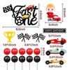 MEMOVAN Fast One Cake Topper Race Car First Birthday Cake Decorations with Red Black Balls for Boy's Kids Racing Car Checkered Flag Themed Birthday Party Favors