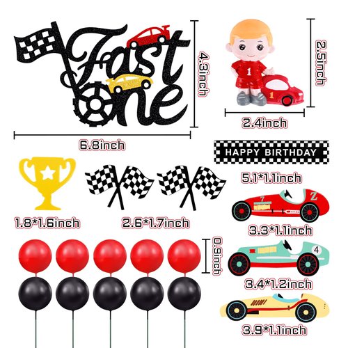 MEMOVAN Fast One Cake Topper Race Car First Birthday Cake Decorations with Red Black Balls for Boy's Kids Racing Car Checkered Flag Themed Birthday Party Favors