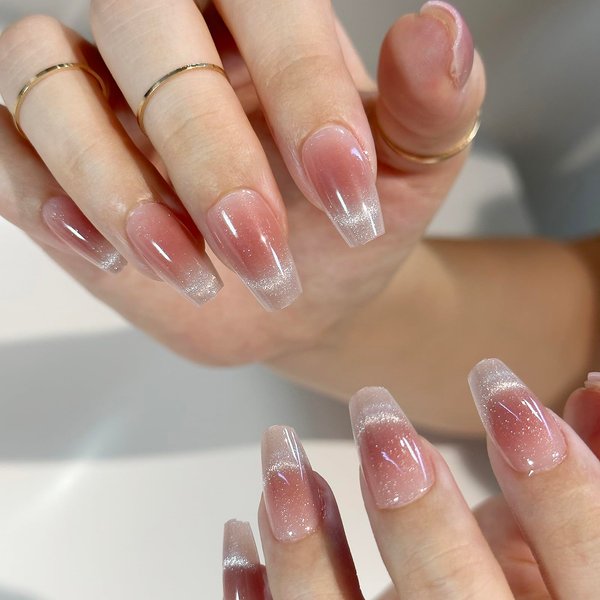 GloBlingle Cat Eyes Nails French Tip Press on Nails Medium Coffin -30Pcs Velvet French False Nail with Nail Glue 5 in 1 Acrylic UV Gel Nail Tip Glitter Jelly Gel Manicure Valentine's Day Gifts XS/S/M