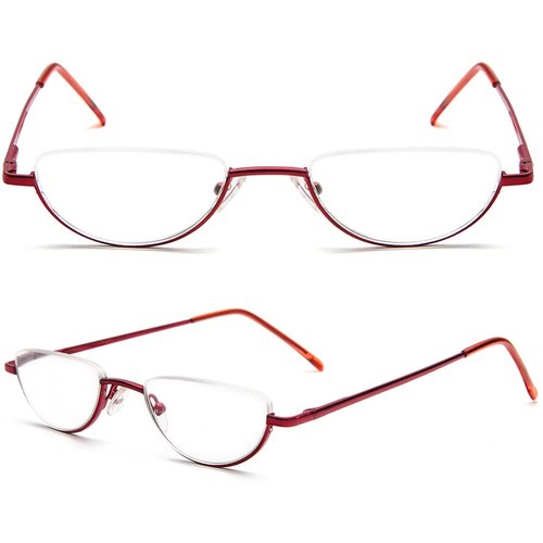 REAVEE 2 Pack Retro Designer Half Moon Reading Glasses Women Men Spring Hinge Half Frame Readers Stylish Slim Eyeglasses with Pouch,Red and Gun Grey 3.5