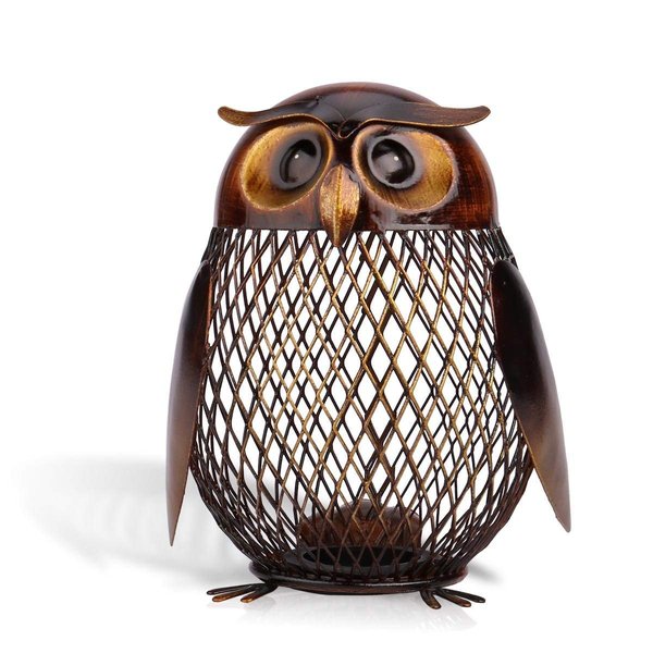 Tooarts Owl Shaped Metal Coin Bank Box Handwork Crafting Art