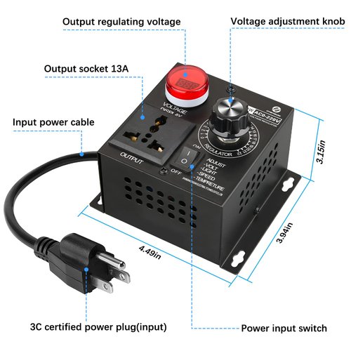 AC Variable Speed Controller, 120V~220V 15A 4000W SCR Voltage Controller for Router Fan Electric Motor Rheostat