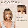 NAYOO Brown Mix Blonde Wig with Bangs, 12 Inch Highlight Blonde Brown Bob Wig for Women, Natural Looking Short Bob Wig with Bangs, Straight Wig for beginner, Cosplay Wig for Daily and Halloween