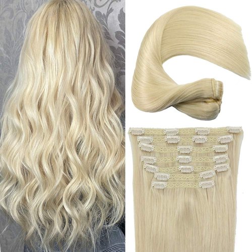 Eufficco Real Human Remy Hair Lace Clip In Hair Extensions 16inch Finsih at 16.5inch 100g Color Bleach Blonde Double Wefted Thick Ends Silky Soft Long Lifespan Tangle Free Human Hair Extensions