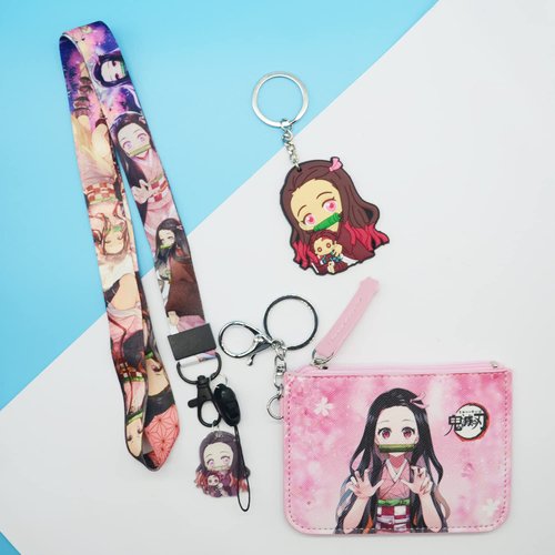 Demon Anime Nezuko Cute Badge Wallet with Lanyard and Keychain, ID Card Holder Purse Pouch with Lanyard Card Case Neck Pouch Wallet Durable Card Holder with Zippers for Students Teens Girls Boys