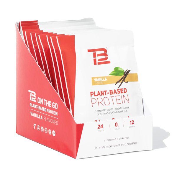 TB12 Plant Based Protein Powder by Tom Brady, 24g of Vegan Pea Protein, Low Sugar, Low Carb, Non-GMO, Meal Replacement, Keto Friendly, Paleo, Sugar Free, Vanilla Flavor (1.12 Ounce, Pack of 12)