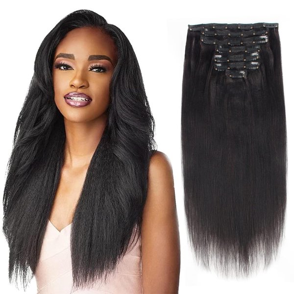 Lovrio 9A Yaki Straight Clip in Human Hair Extensions Double Weft Straight Clip in Hair Extensions Human Hair for Black Women 16 Inch Natural Black Yaki Clip ins Hair 120 Grams 7 Pieces With 17 Clips