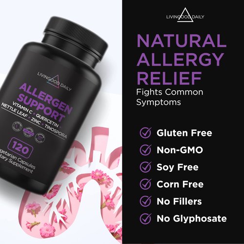 Livingood Daily Allergen Support, 120 Vegetarian Capsules - Supports Natural Allergy Relief with Vitamin C, Quercetin, Nettle Leaf, Zinc, & Tinospora - Non-GMO & Vegan Natural Antihistamine Supplement
