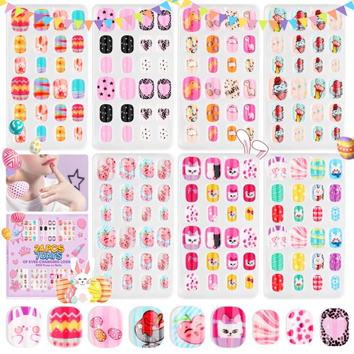 Saviland Press on Nails for Kids 7-day Styling: 168PCS Kids Press on Nails for Girls Colorful Patterns Full Cover Short Square Fake Nails False Nail Art Set Gifts 8-12 Years Easter Child Home DIY