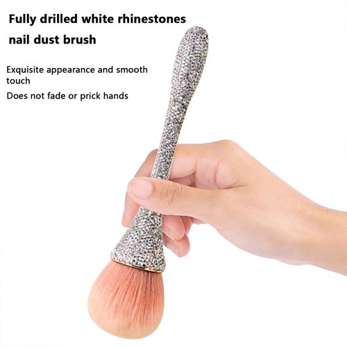 WOKOTO 1pcs White Shiny Rhinestone Nail Art Dust Brushes For Acrylic Nails Powder Remover Brushes Loose Face Cosmetics Blending Liquid Foundation Powder Make Up Brushes Nail Trimming Cleaning Tools