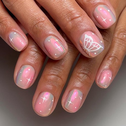 24Pcs Short Press on Nails Square Fake Nails Aurora Butterfly Stars Design Coffin False Nails Blush Full Cover Glue on Nails Gradient Pink Acrylic Nails Summer Artificial Nails Kit for Women Girls