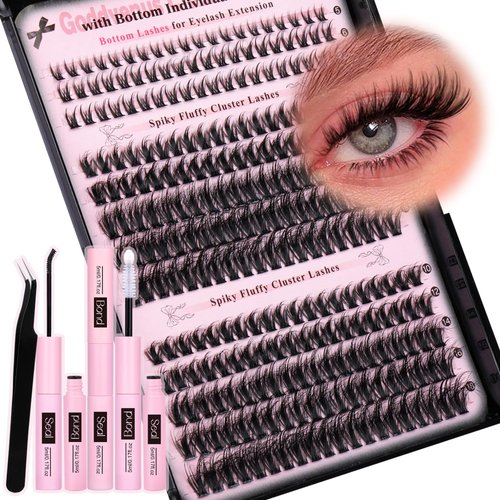 Goddvenus Natural Lash Clusters Kit Wispy Eyelash Extension Kit C Curl Fluffy Lashes Extension Kit Individual Lashes Kit with Bottom Lashes Waterproof Bond and Seal Tweezers DIY at Home
