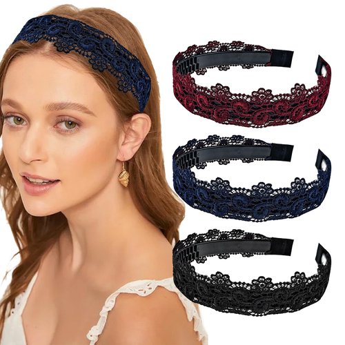 3 PACK Women Floral Lace Headbands, Fashion Elastic Hairbands Vintage Knit Pattern Hair Band Wide Vintage Ethnic Hair Hoops Floral Bohemian Hairband Stylish Accessories for Women and Girls