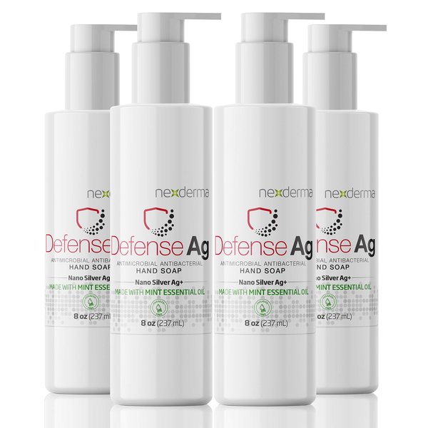 NEXDERMA Defense Ag Hand Soap with Coconut oil, Oat extract, Vitamin E and MINT Essential Oil | Paraben free, Moisturizing and Effective Daily Hand Wash, Cleanser Combo - 8oz (236ml Each) - Pack of 4