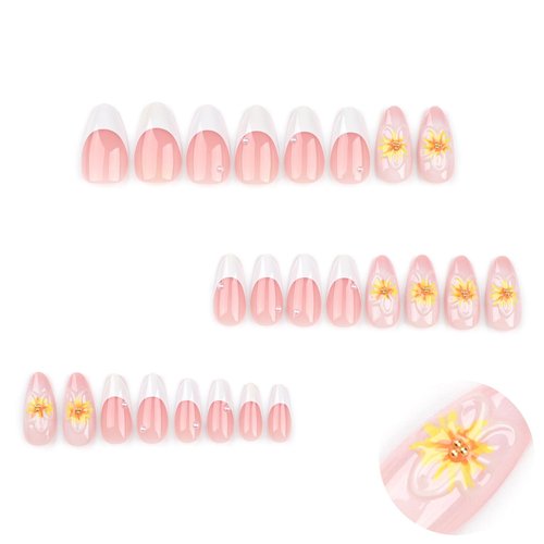 French Tip Press on Nails Medium Almond Fake Nails Flower False Nails White Pink Acrylic Nails Design 3D Floral Glue on Nails Full Cover Glossy Stick on Nails Artificial Nails for Women Manicure 24Pcs