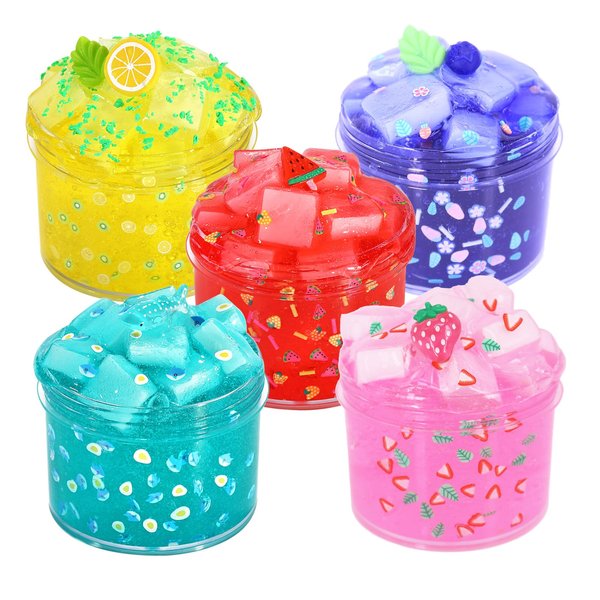 5 Packs Premade Jelly Cube Glimmer Crunchy Crystal Glue Slime, Including 6 Sets of Add-ins, Sensory and Tactile Stimulation, Stress Relief, Party Favors for Girls & Boys