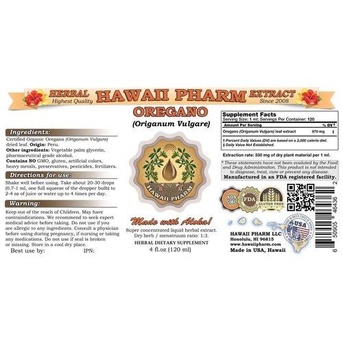 Oregano Liquid Extract, Organic Oregano (Origanum vulgare) Tincture, Herbal Supplement, Hawaii Pharm, Made in USA, 4 fl.oz