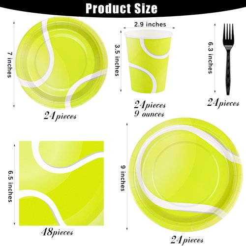 durony 144 Pieces Tennis Paper Plates and Napkins Dinnerware Set Tennis Birthday Party Tableware Supplies Includes Paper Plates Napkins Forks Serve 24 for Sports Tennis Party Supplies