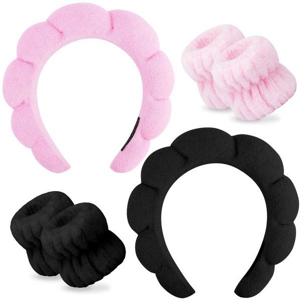 AOPRIE SPA Headbands for Washing Face Makeup Headbands with Bow Hair Band Women Facial Head Band Wrist Towel Wraps For Shower Face Mask Black Pink, 6 Pack