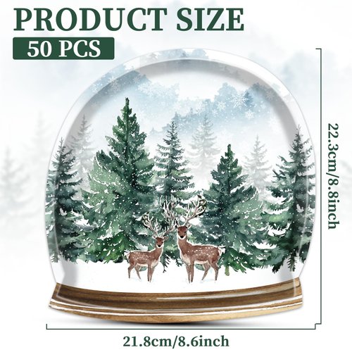 Naozinebi 50Pcs Winter Party Plates Winter Forest Tableware Set Party Decorations Christmas Tree Elk Disposable Paper Dessert Plates Crystal Ball Shaped Dinnerware for Xmas Holiday Party Supplies