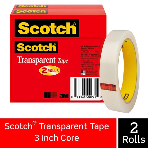 Scotch Brand Transparent Tape, Engineered for Office and Home Use, 3/4 x 2592 Inches, 3 Inch Core, Boxed, 2 Rolls (600-2P34-72),Clear