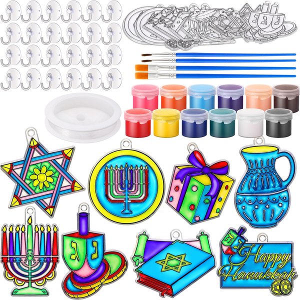 Cholemy 24 Sets Hanukkah Sun Catcher Kit Include Suncatcher Craft with Paints Suction Cups Fishing Thread, Jewish DIY Window Art Kit Paintable Suncatchers Hanukkah Decorations for Chanukah Gifts