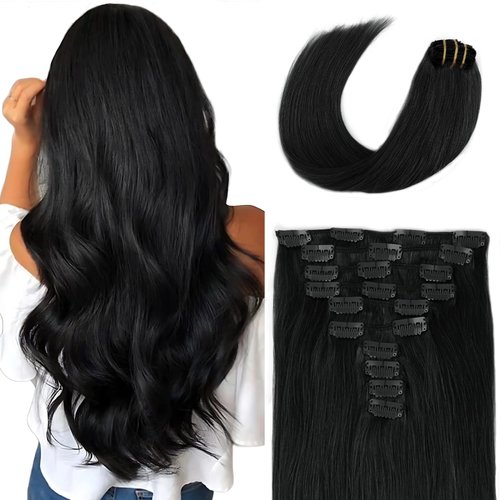 SixStarHair Jet Black Clip In Hair Extensions 180g 10 Pieces 20inch Made of Remy Virgin Human Hair Double Wefted Thick Sewed In Clip On Extensions Fast to Apply [Color 1 Jet Black 20inch]