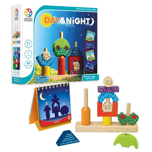 SmartGames Day & Night Wooden Cognitive Skill-Building Puzzle Game Featuring 48 Playful Challenges for Ages 2+