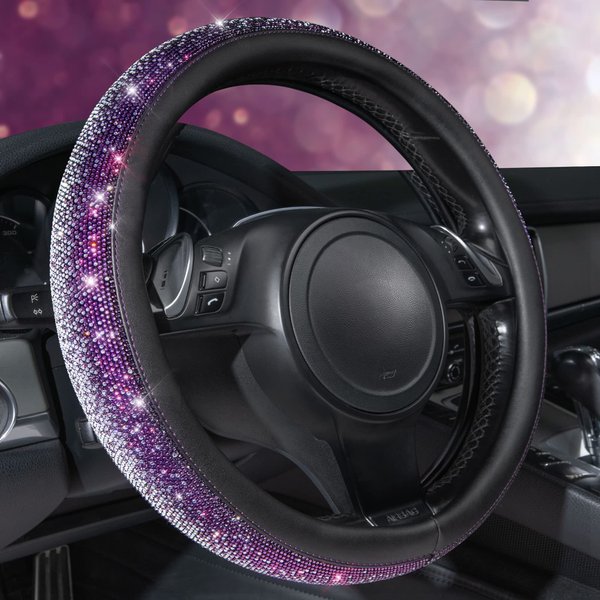CAR PASS Bling Diamond Leather Steering Wheel Cover, Bling Sparkly Crystal Glitter Rhinestones Universal Fit 14" 1/2-15" Car Wheel Protector for Women Girl Fit Suvs,Vans,Sedans,Trucks, Purple Silver