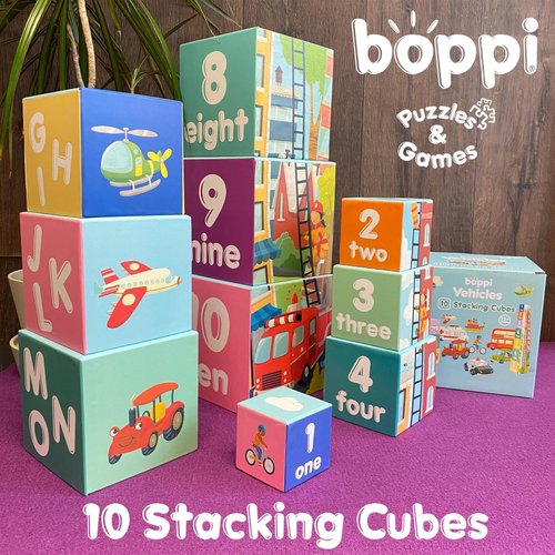 boppi Baby Stacking Blocks Vehicle Toys with Letters and Numbers, Montessori Cubes for Toddlers, Preschool Learning Toys