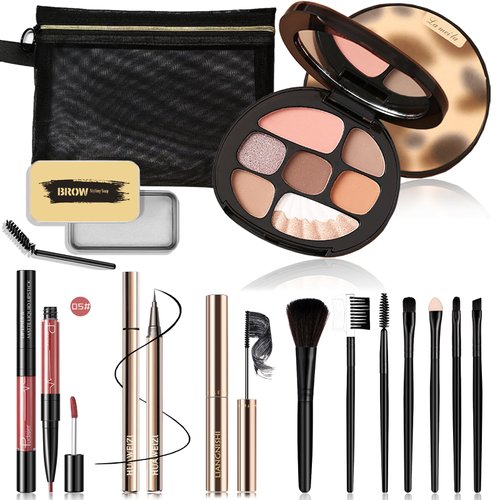Basic Makeup Kit for Teenagers - 8 Popular Colors Eyeshadow Palette,Fix Mascara,Fine Eyeliner,Eyebrow Soap,7pcs Brushes,Double-head Lip Gloss,Mesh Cosmetic Bag - Women,Teens & Girls Makeup Gift Set