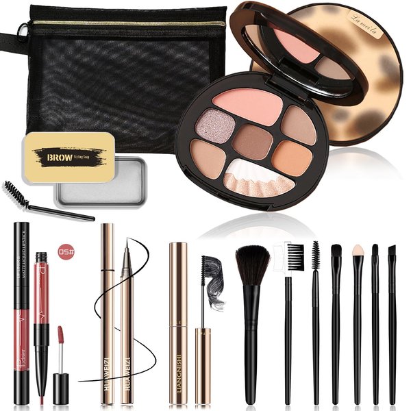 Basic Makeup Kit for Teenagers - 8 Popular Colors Eyeshadow Palette,Fix Mascara,Fine Eyeliner,Eyebrow Soap,7pcs Brushes,Double-head Lip Gloss,Mesh Cosmetic Bag - Women,Teens & Girls Makeup Gift Set