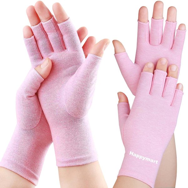 Happymart 2 Pairs Arthritis Gloves for Women for Pain, Compression Gloves for Carpal Tunnel Relief, Rheumatoid Osteoarthritis, Fingerless Gloves for Women and Men, Typing (Pink, Medium)