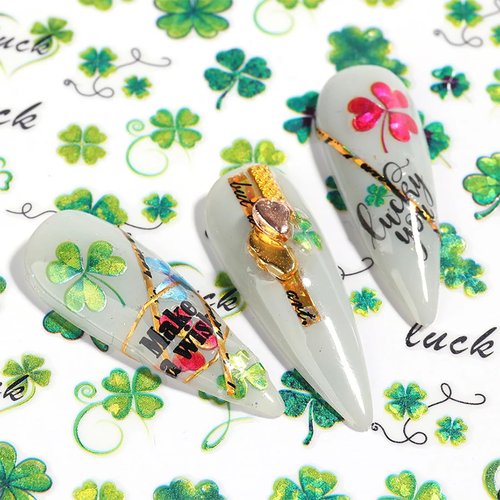 8Sheets St. Patrick’s Day Nail Art Stickers 3D Self Adhesive Shamrock Nail Decals, Luck of The Irish Leprechaun Shamrock Nail Deisgn Nail Supplies Nail Supplies