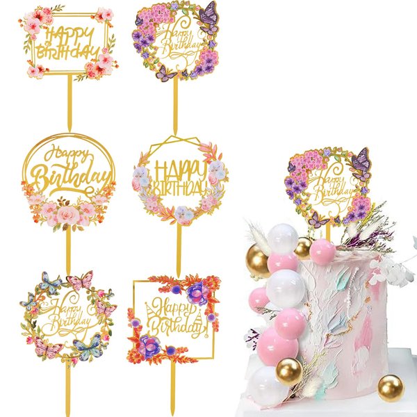 Flower Happy Birthday Cake Toppers Gold Acrylic Dessert Cupcakes Toppers Party Decoration Supplies 6 Pcs