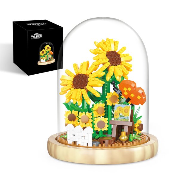ZYLEGEN Sunflower Bouquets Building Toy with Dust Cover,Creative Project for Home/Office Desk Décor,Idea Housewarming Creative Toy for Mom Woman Adults(558Pcs)