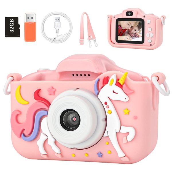 Knagsfa Kids Camera Toys for 3-12 Year Old Girls Boys,Children Digital Video Camcorder Camera with Cartoon Soft Silicone Cover, Best Birthday Festival Gift for Kids - 32G SD Card Included, Pink