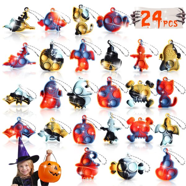 TOANWOD Halloween Party Favors Keychains: Pop Fidget Toys Goodie Bag Fillers Gifts for Kids - Trick Or Treats Basket Stocking Stuffers - Classroom Prizes (24Pcs)